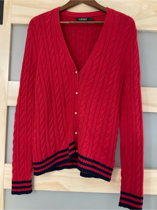 Lauren Ralph Lauren Sweaters - Lauren Ralph Lauren Cable Knit Cardigan Sweater Large Red Wool Blend Preppy